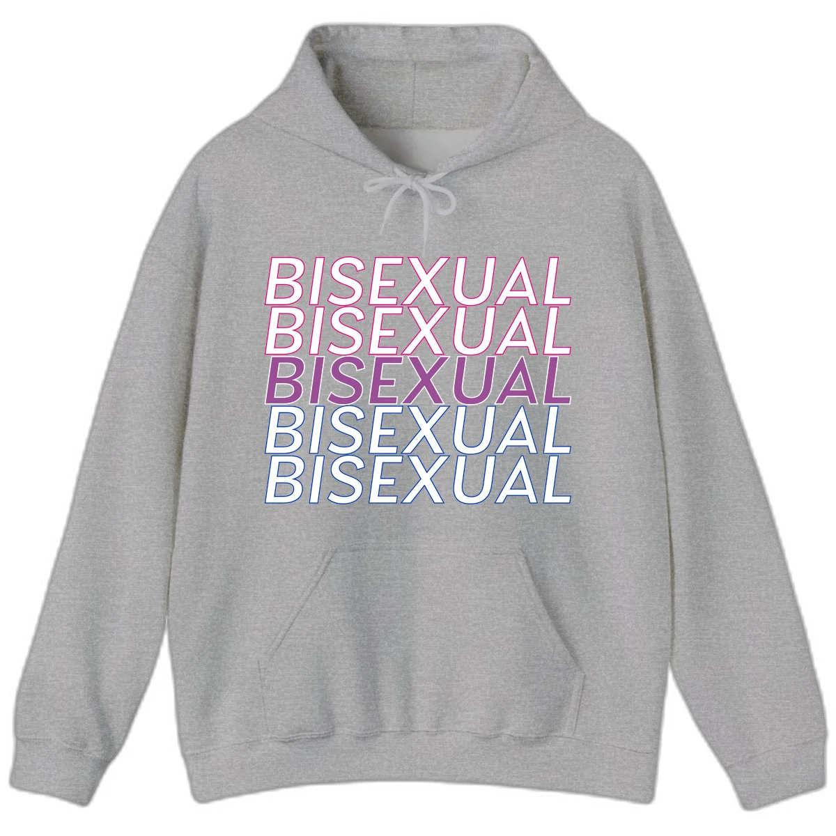 Bisexual pride flag design with the word 'BISEXUAL' repeated four times in stacked magenta, purple, and blue outlined letters in Sport Grey