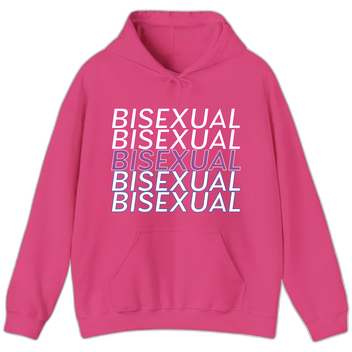 Bisexual pride flag design with the word 'BISEXUAL' repeated four times in stacked magenta, purple, and blue outlined letters in Heliconia