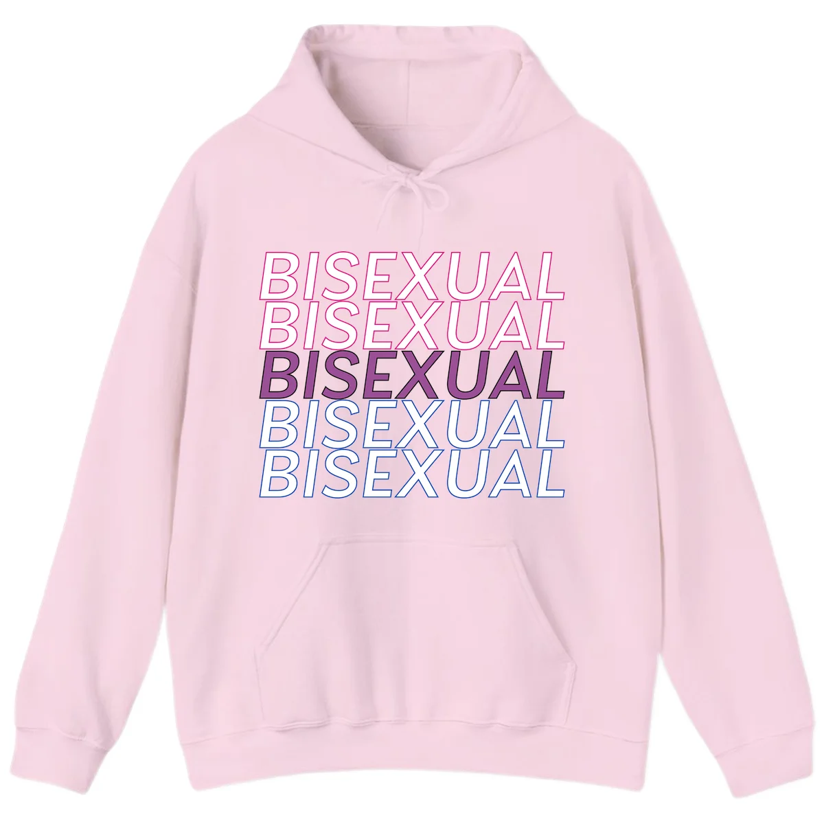 Bisexual pride flag design with the word 'BISEXUAL' repeated four times in stacked magenta, purple, and blue outlined letters in Light Pink