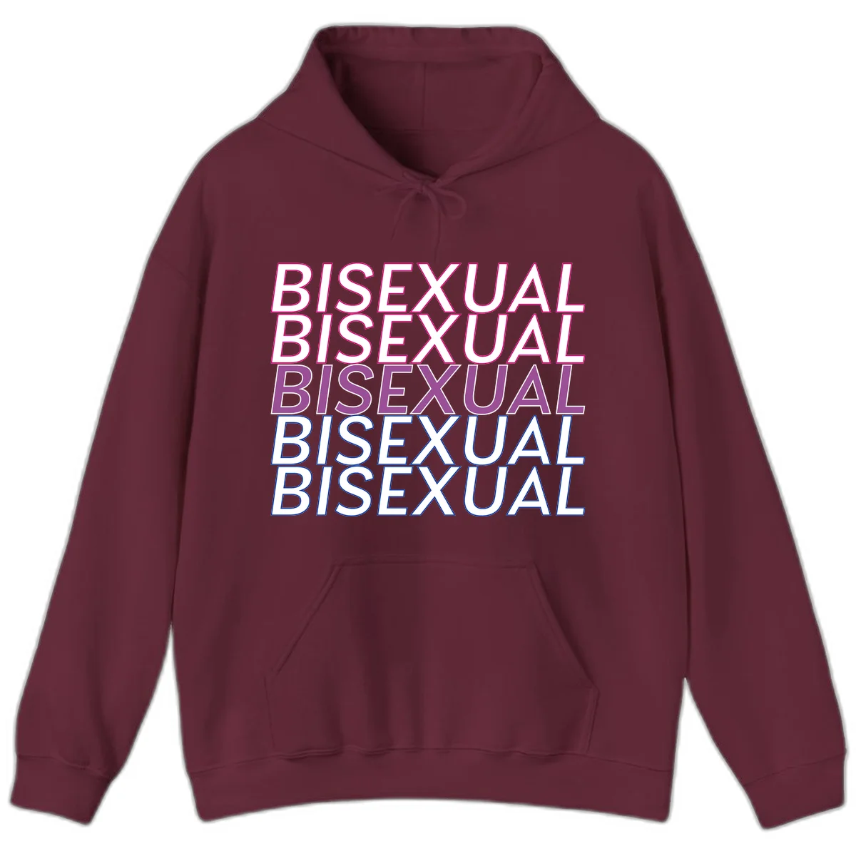 Bisexual pride flag design with the word 'BISEXUAL' repeated four times in stacked magenta, purple, and blue outlined letters in Maroon