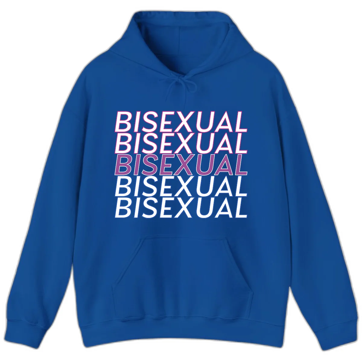 Bisexual pride flag design with the word 'BISEXUAL' repeated four times in stacked magenta, purple, and blue outlined letters in Royal