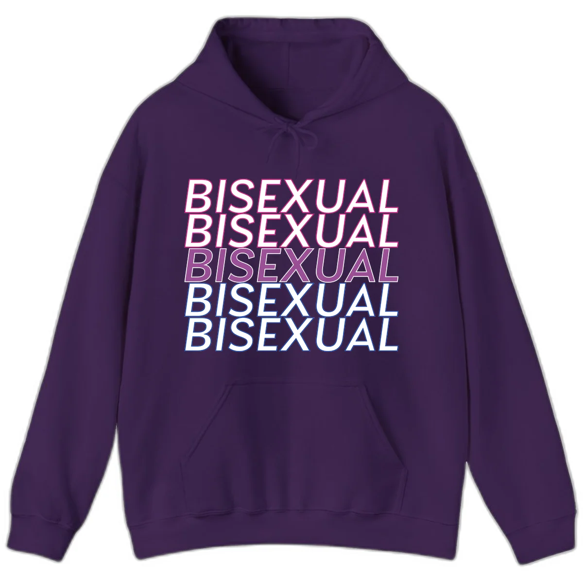 Bisexual pride flag design with the word 'BISEXUAL' repeated four times in stacked magenta, purple, and blue outlined letters in Purple