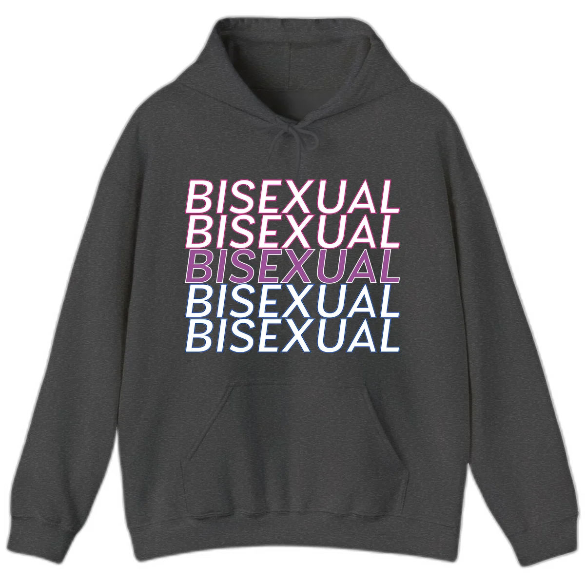 Bisexual pride flag design with the word 'BISEXUAL' repeated four times in stacked magenta, purple, and blue outlined letters in Dark Heather