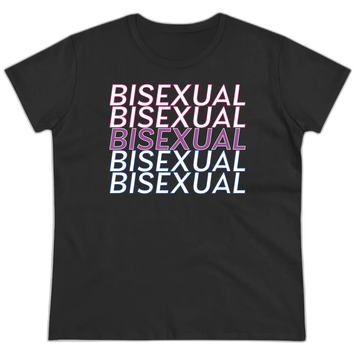 Bisexual pride flag design with the word 'BISEXUAL' repeated four times in stacked magenta, purple, and blue outlined letters in Black
