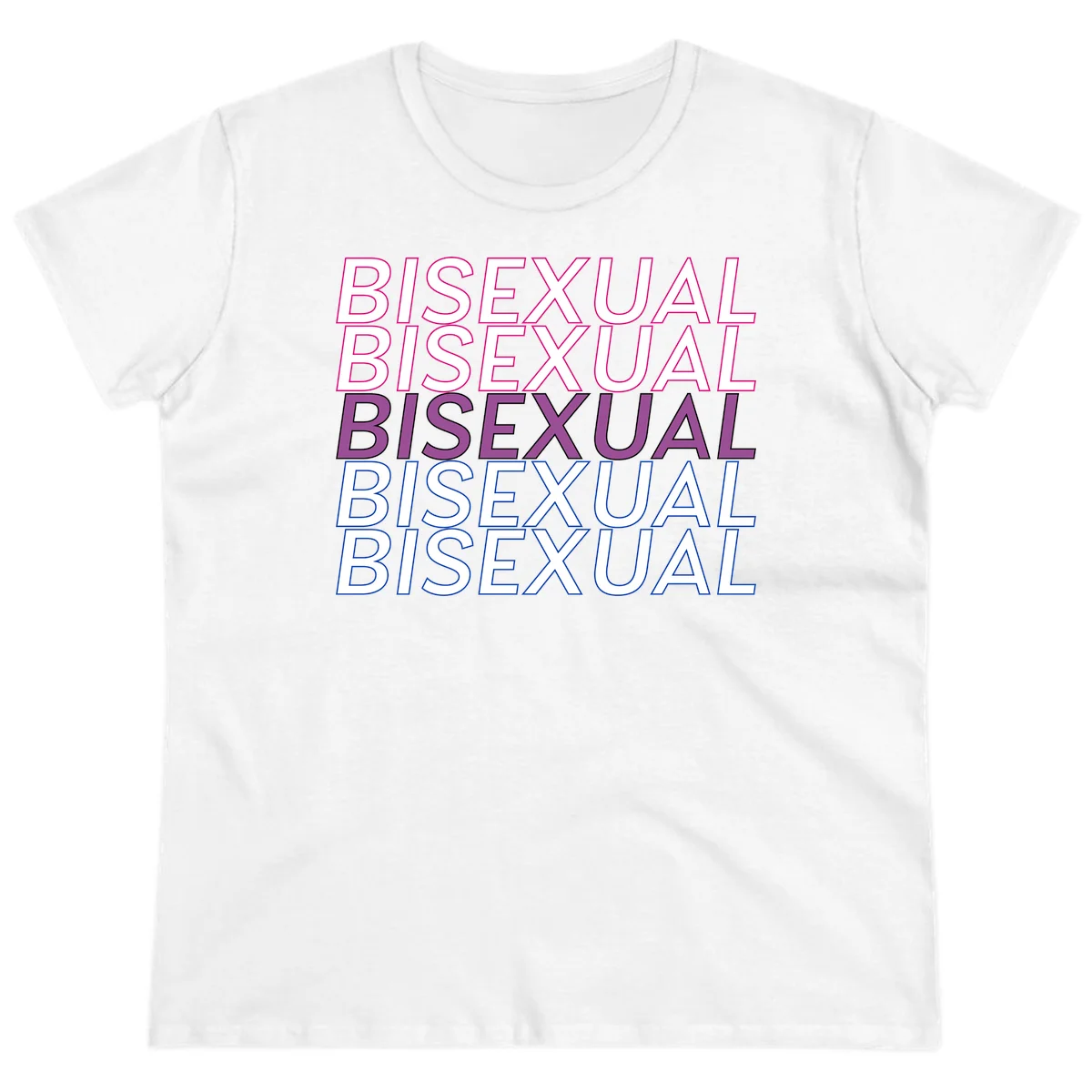 Bisexual pride flag design with the word 'BISEXUAL' repeated four times in stacked magenta, purple, and blue outlined letters in White