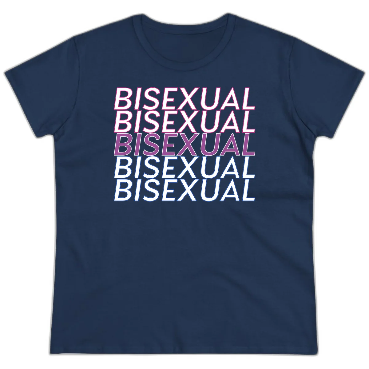 Bisexual pride flag design with the word 'BISEXUAL' repeated four times in stacked magenta, purple, and blue outlined letters in Navy