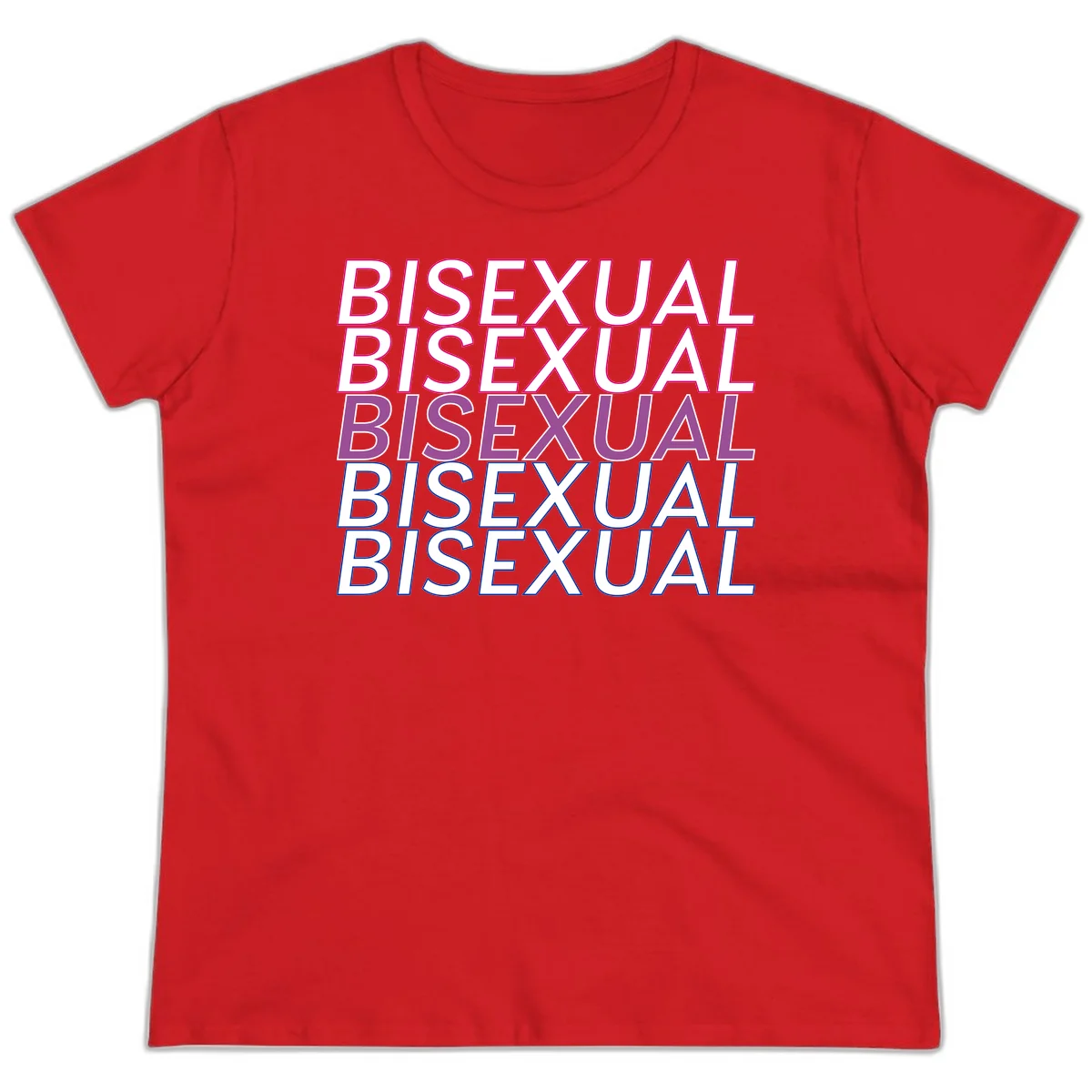 Bisexual pride flag design with the word 'BISEXUAL' repeated four times in stacked magenta, purple, and blue outlined letters in Red