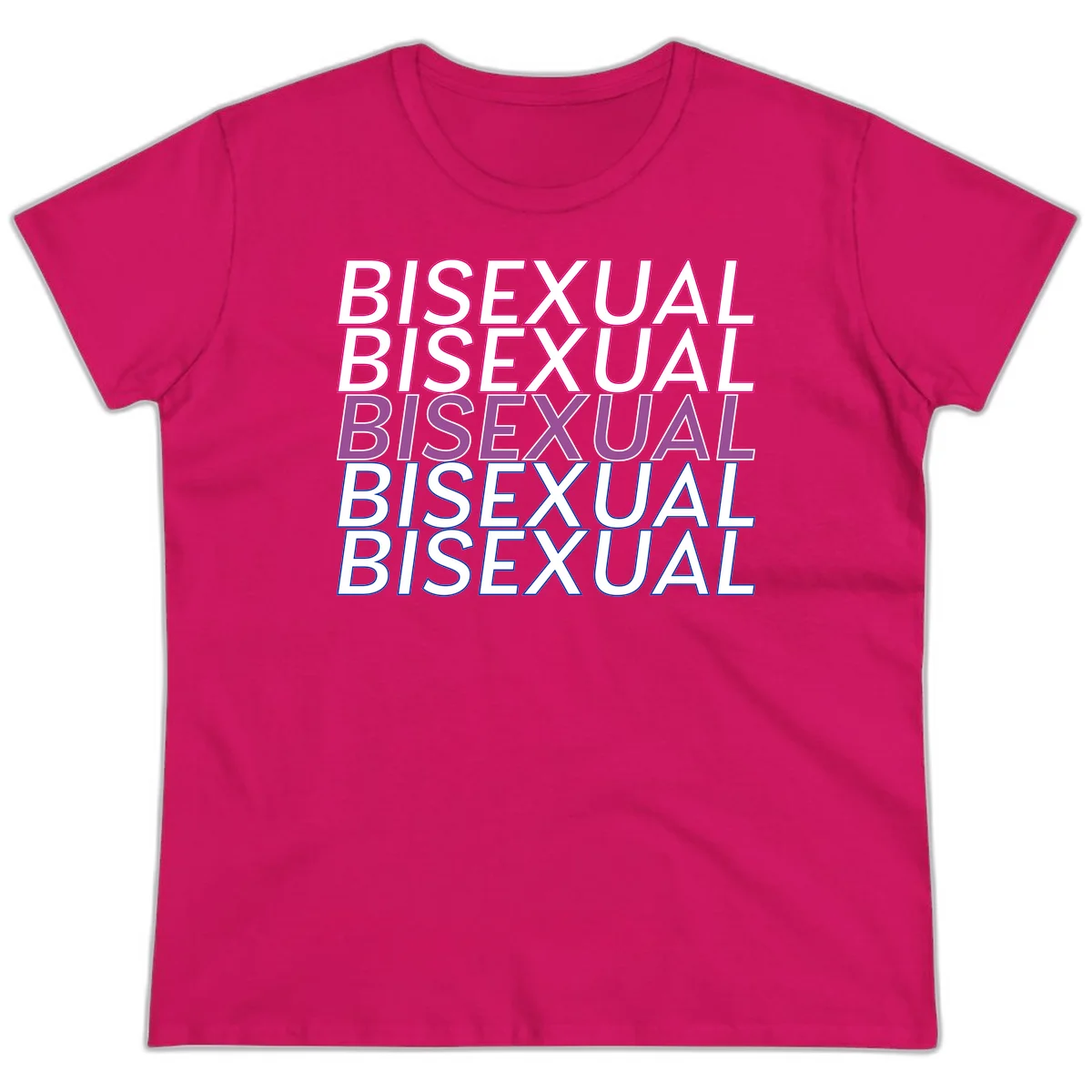 Bisexual pride flag design with the word 'BISEXUAL' repeated four times in stacked magenta, purple, and blue outlined letters in Heliconia