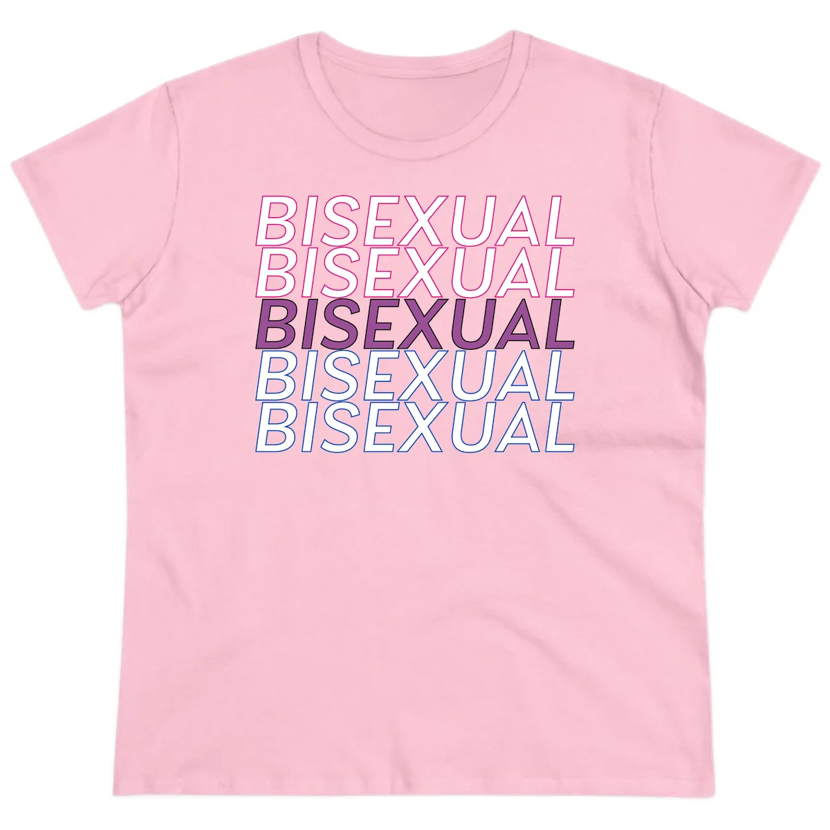 Bisexual pride flag design with the word 'BISEXUAL' repeated four times in stacked magenta, purple, and blue outlined letters in Light Pink