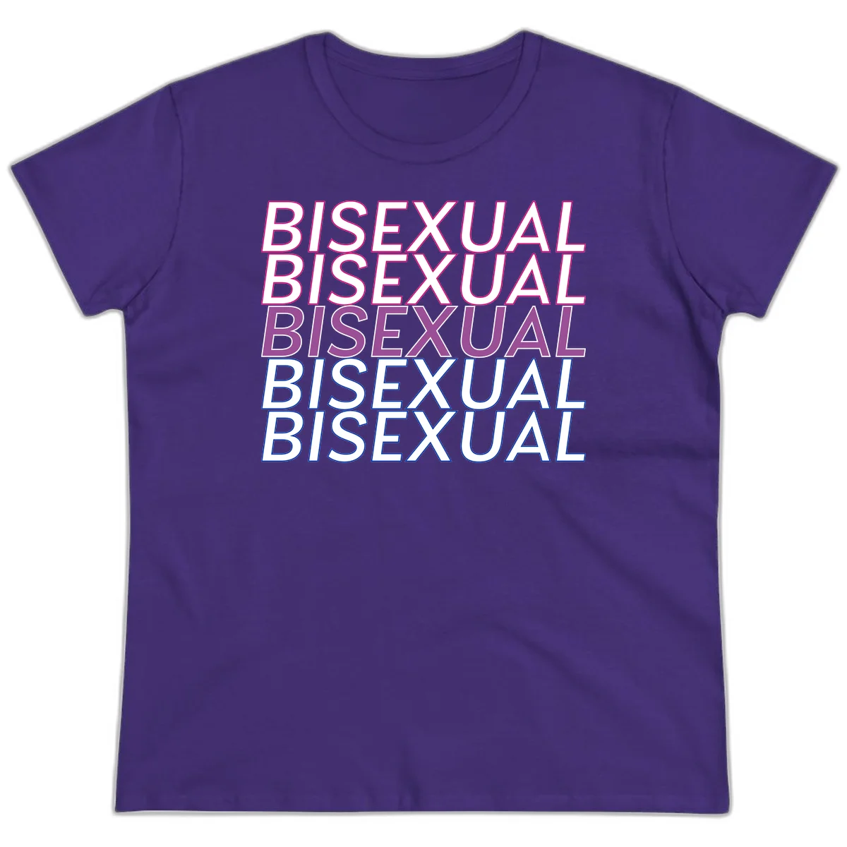 Bisexual pride flag design with the word 'BISEXUAL' repeated four times in stacked magenta, purple, and blue outlined letters in Purple