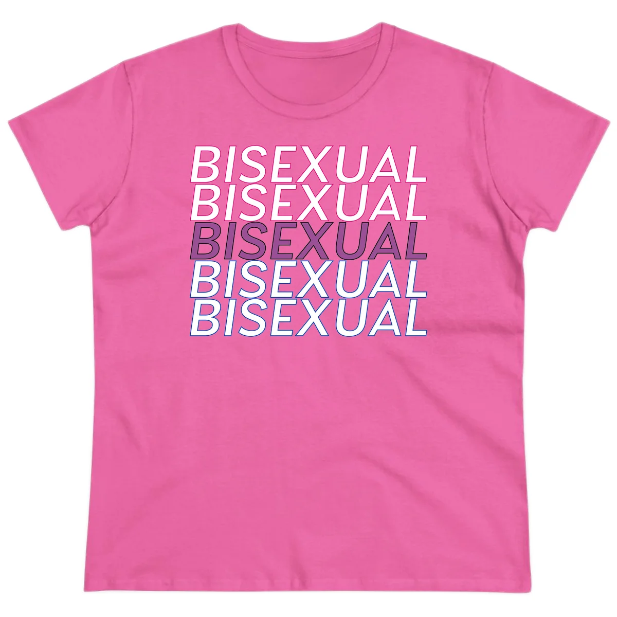 Bisexual pride flag design with the word 'BISEXUAL' repeated four times in stacked magenta, purple, and blue outlined letters in Azalea