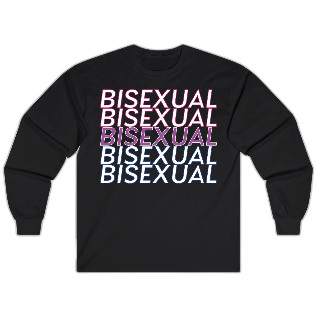 Bisexual pride flag design with the word 'BISEXUAL' repeated four times in stacked magenta, purple, and blue outlined letters in Black