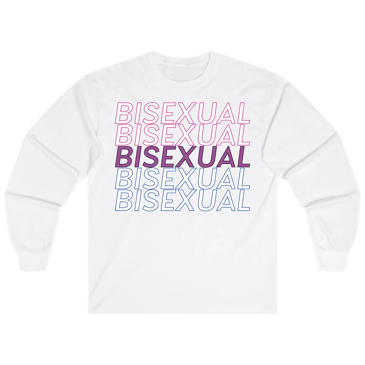 Bisexual pride flag design with the word 'BISEXUAL' repeated four times in stacked magenta, purple, and blue outlined letters in White