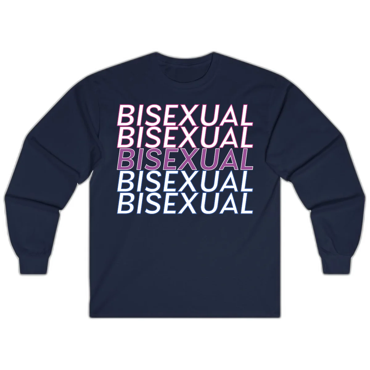 Bisexual pride flag design with the word 'BISEXUAL' repeated four times in stacked magenta, purple, and blue outlined letters in Navy
