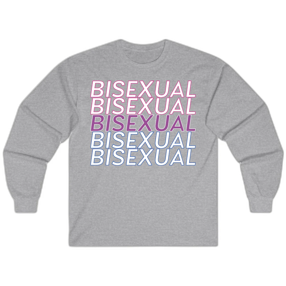 Bisexual pride flag design with the word 'BISEXUAL' repeated four times in stacked magenta, purple, and blue outlined letters in Sport Grey