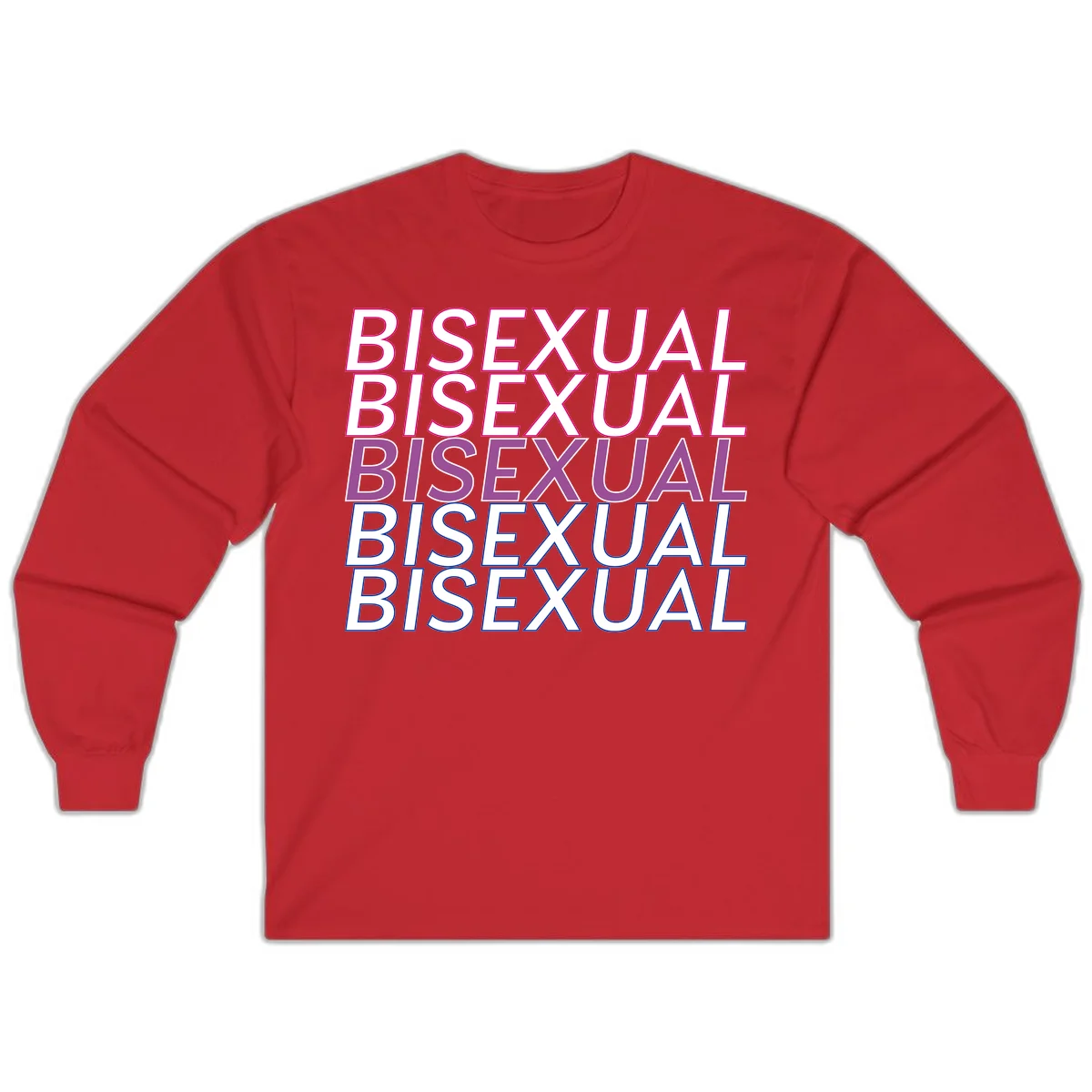 Bisexual pride flag design with the word 'BISEXUAL' repeated four times in stacked magenta, purple, and blue outlined letters in Red