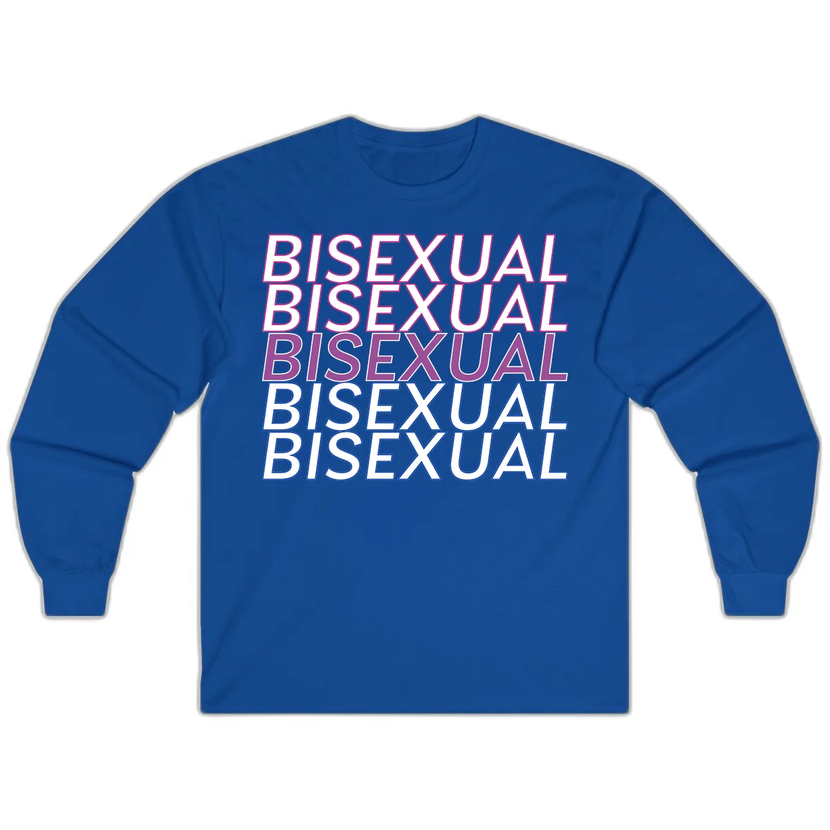 Bisexual pride flag design with the word 'BISEXUAL' repeated four times in stacked magenta, purple, and blue outlined letters in Royal