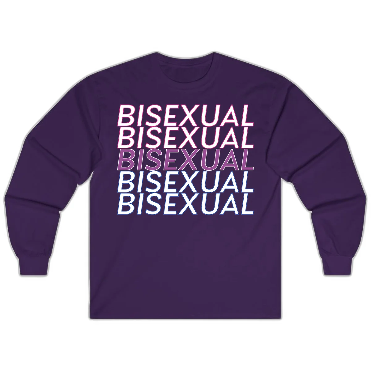 Bisexual pride flag design with the word 'BISEXUAL' repeated four times in stacked magenta, purple, and blue outlined letters in Purple