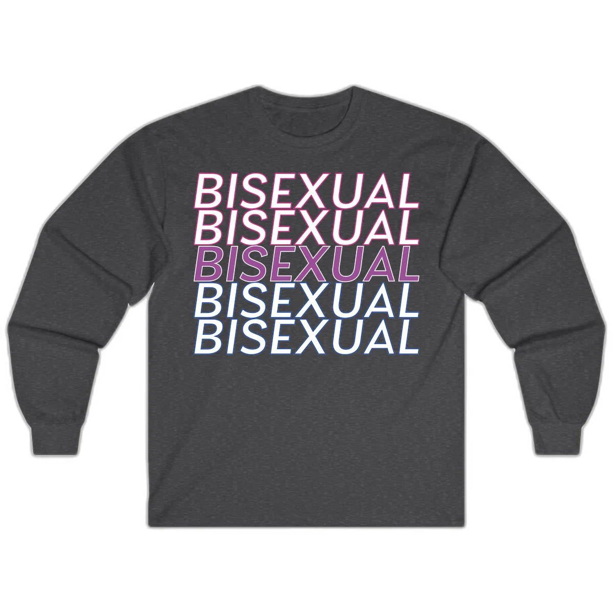 Bisexual pride flag design with the word 'BISEXUAL' repeated four times in stacked magenta, purple, and blue outlined letters in Dark Heather