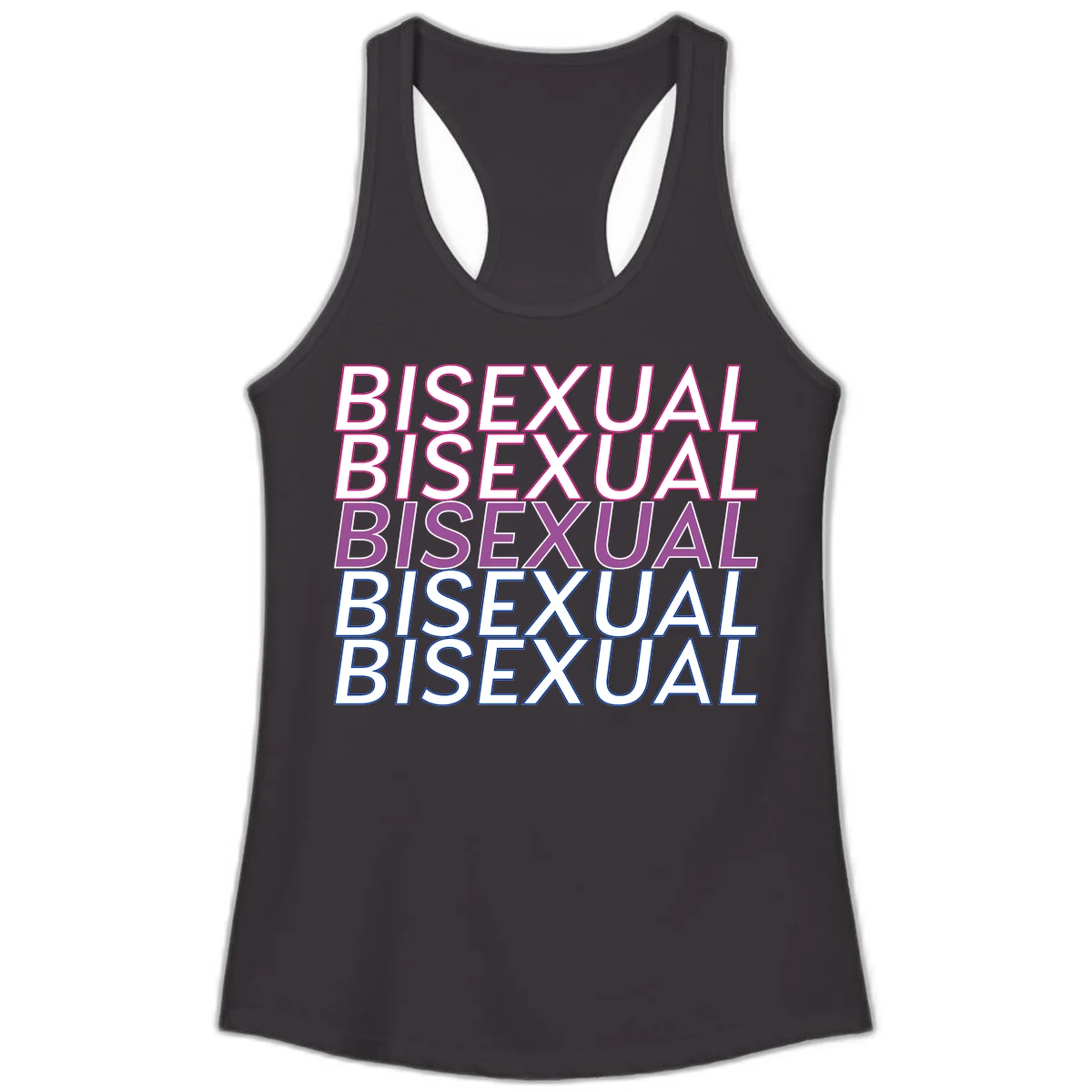 Bisexual pride flag design with the word 'BISEXUAL' repeated four times in stacked magenta, purple, and blue outlined letters in Black