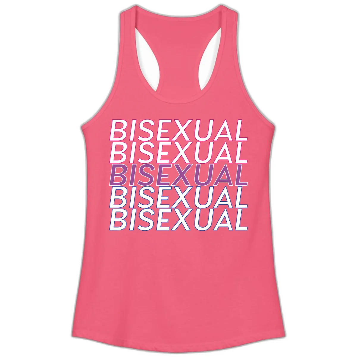 Bisexual pride flag design with the word 'BISEXUAL' repeated four times in stacked magenta, purple, and blue outlined letters in Hot Pink