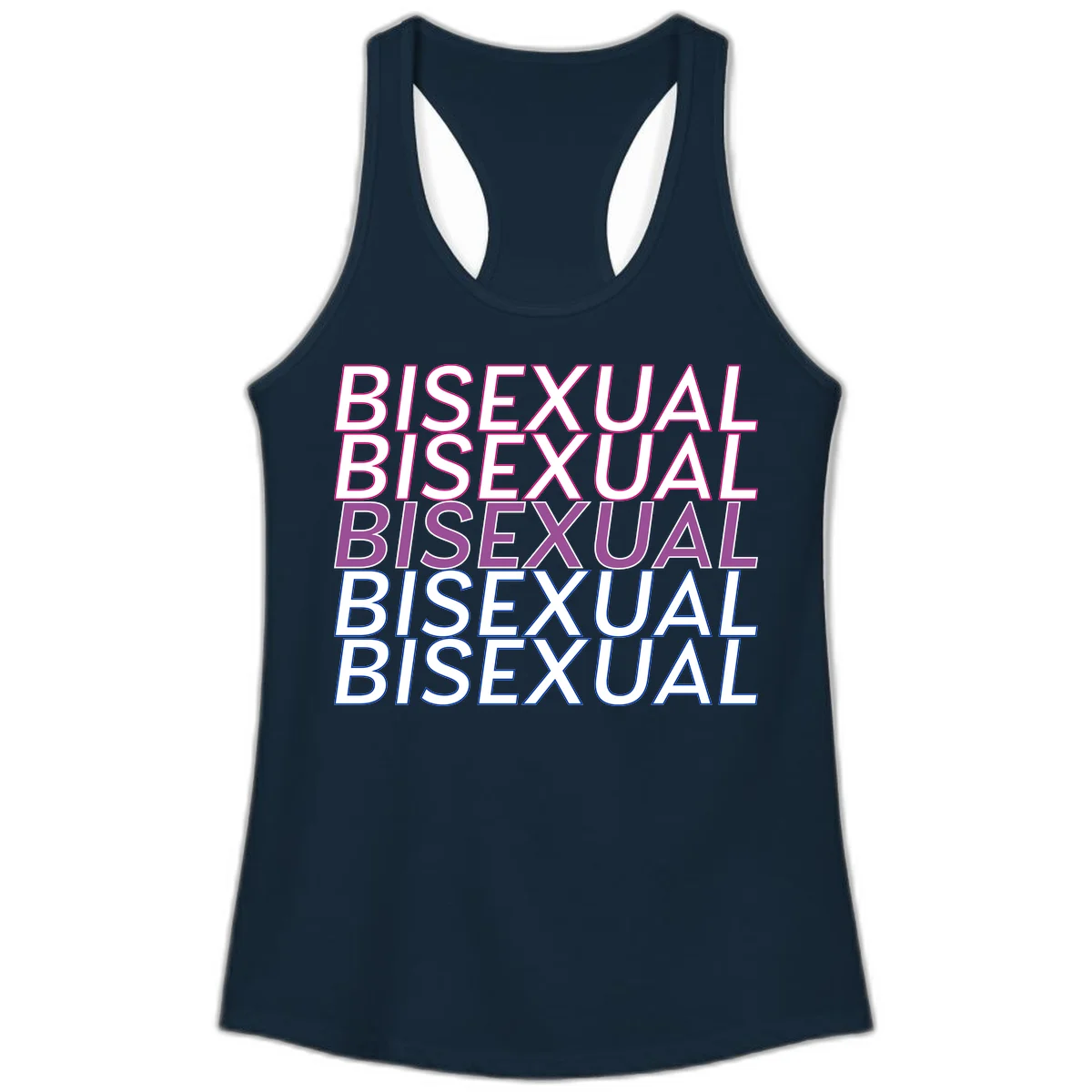 Bisexual pride flag design with the word 'BISEXUAL' repeated four times in stacked magenta, purple, and blue outlined letters in Solid Midnight Navy