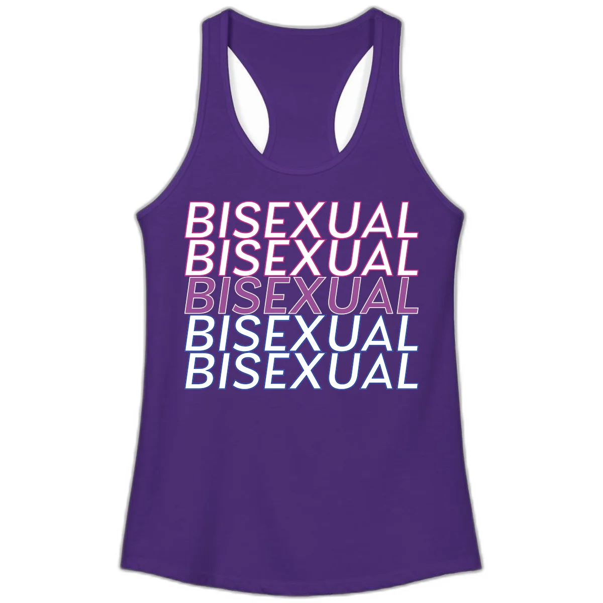 Bisexual pride flag design with the word 'BISEXUAL' repeated four times in stacked magenta, purple, and blue outlined letters in Solid Purple Rush