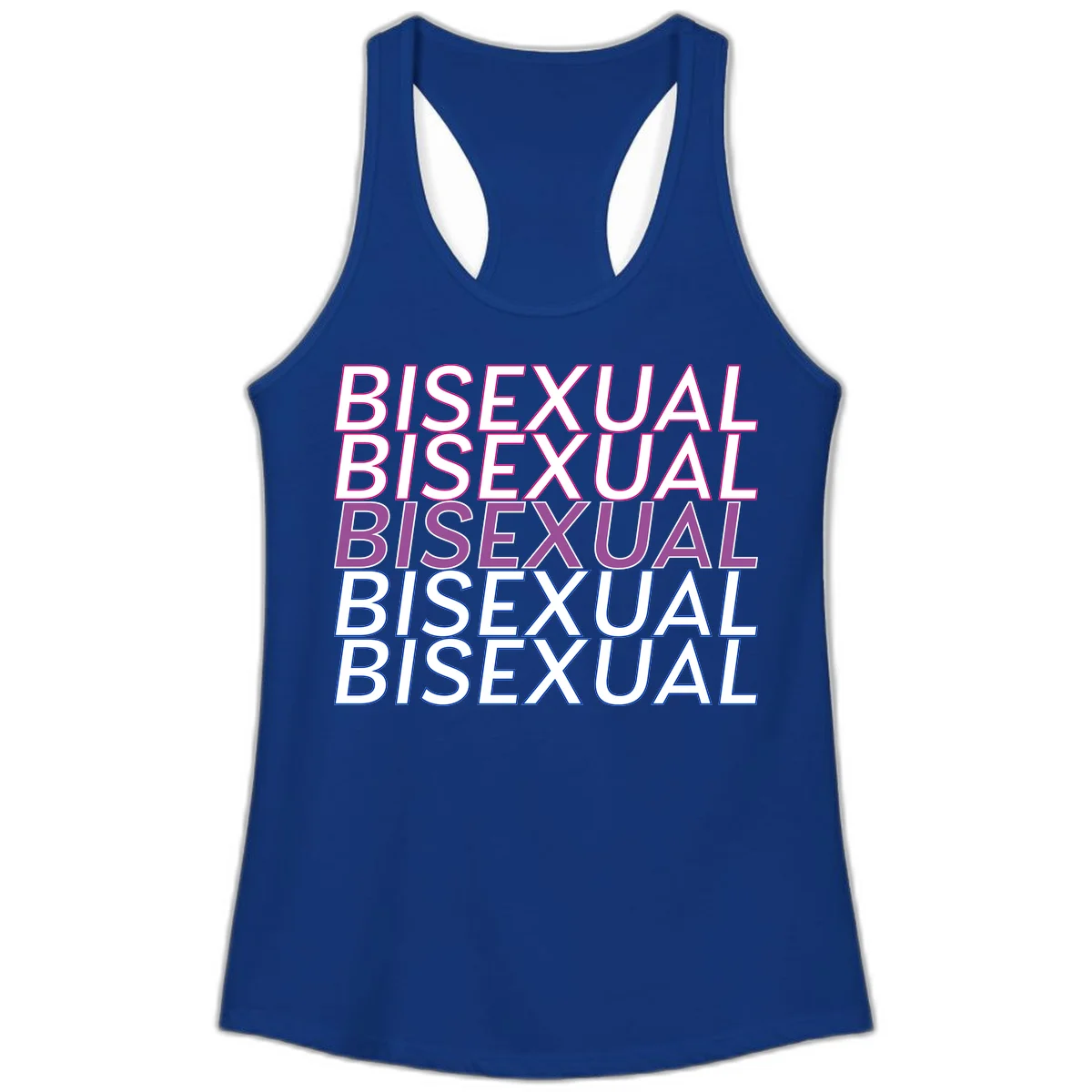 Bisexual pride flag design with the word 'BISEXUAL' repeated four times in stacked magenta, purple, and blue outlined letters in Solid Royal