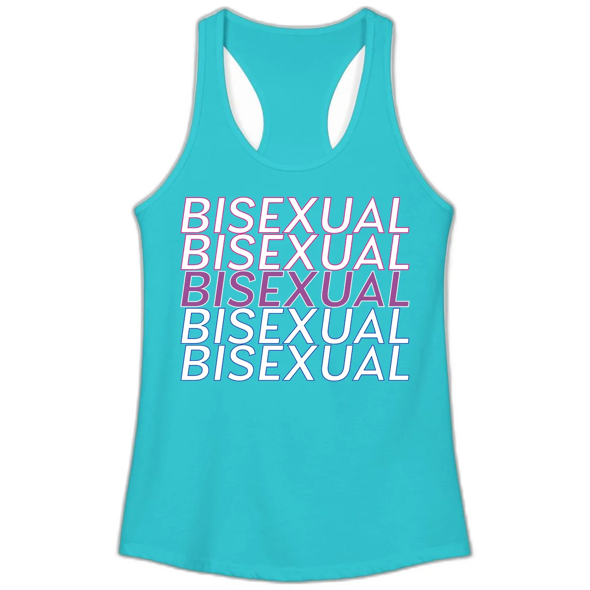 Bisexual pride flag design with the word 'BISEXUAL' repeated four times in stacked magenta, purple, and blue outlined letters in Solid Tahiti Blue