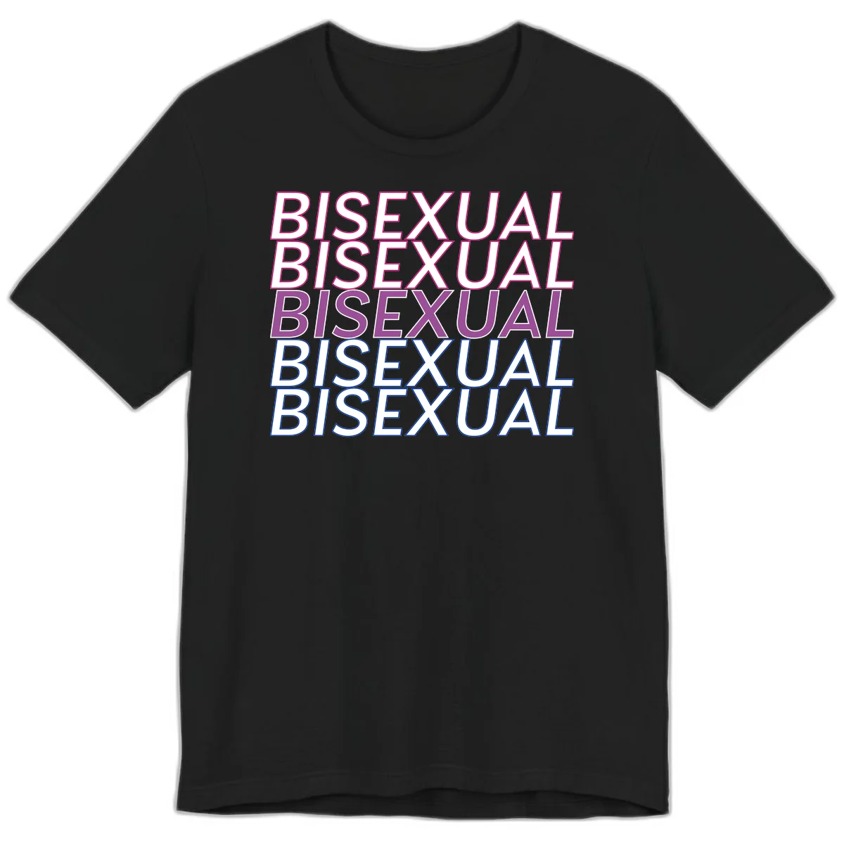 Bisexual pride flag design with the word 'BISEXUAL' repeated four times in stacked magenta, purple, and blue outlined letters in Black