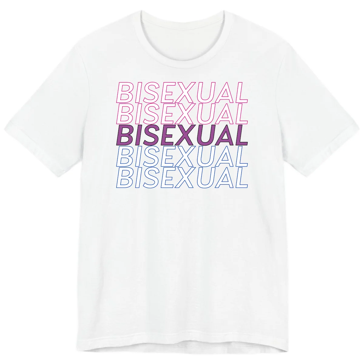 Bisexual pride flag design with the word 'BISEXUAL' repeated four times in stacked magenta, purple, and blue outlined letters in White