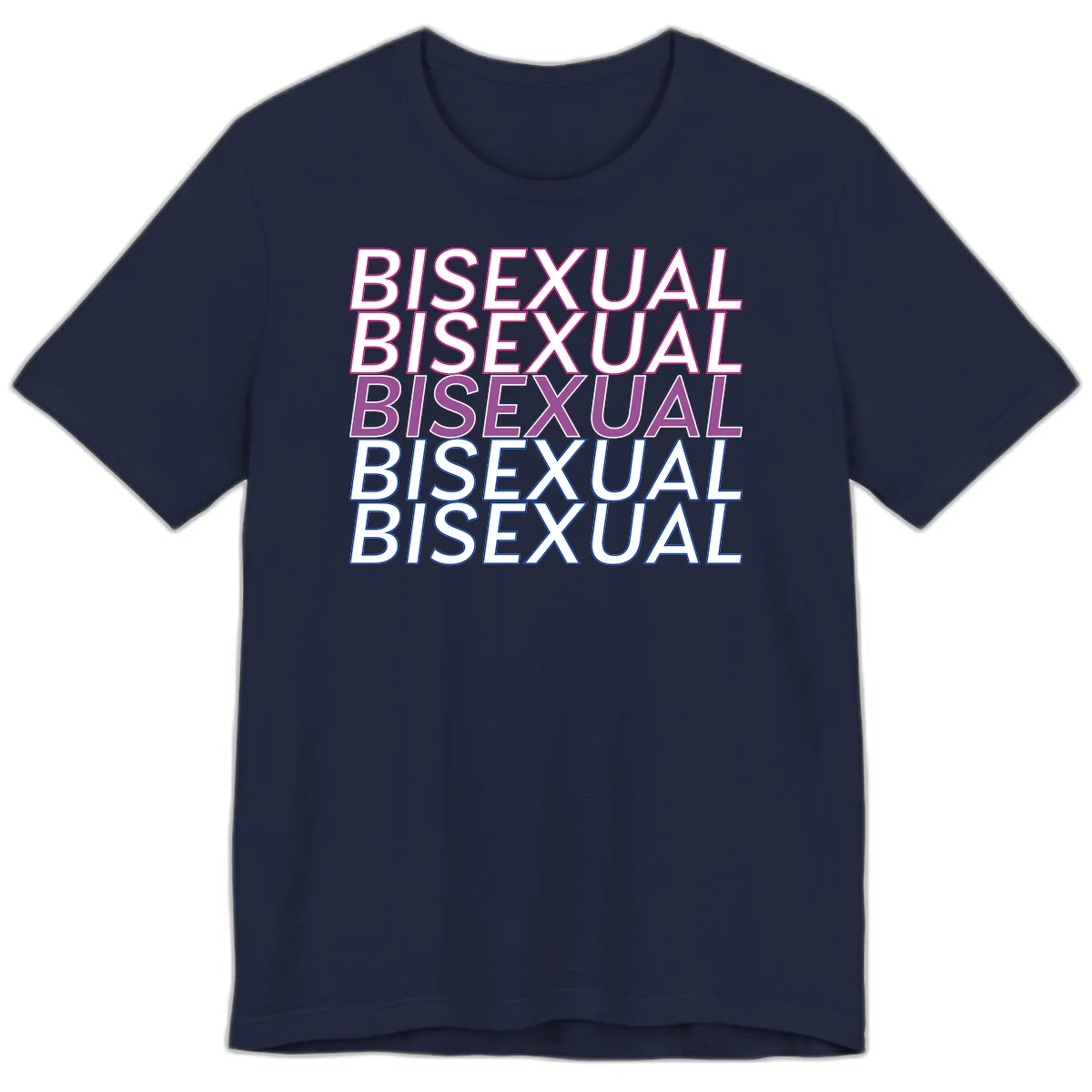 Bisexual pride flag design with the word 'BISEXUAL' repeated four times in stacked magenta, purple, and blue outlined letters in Navy