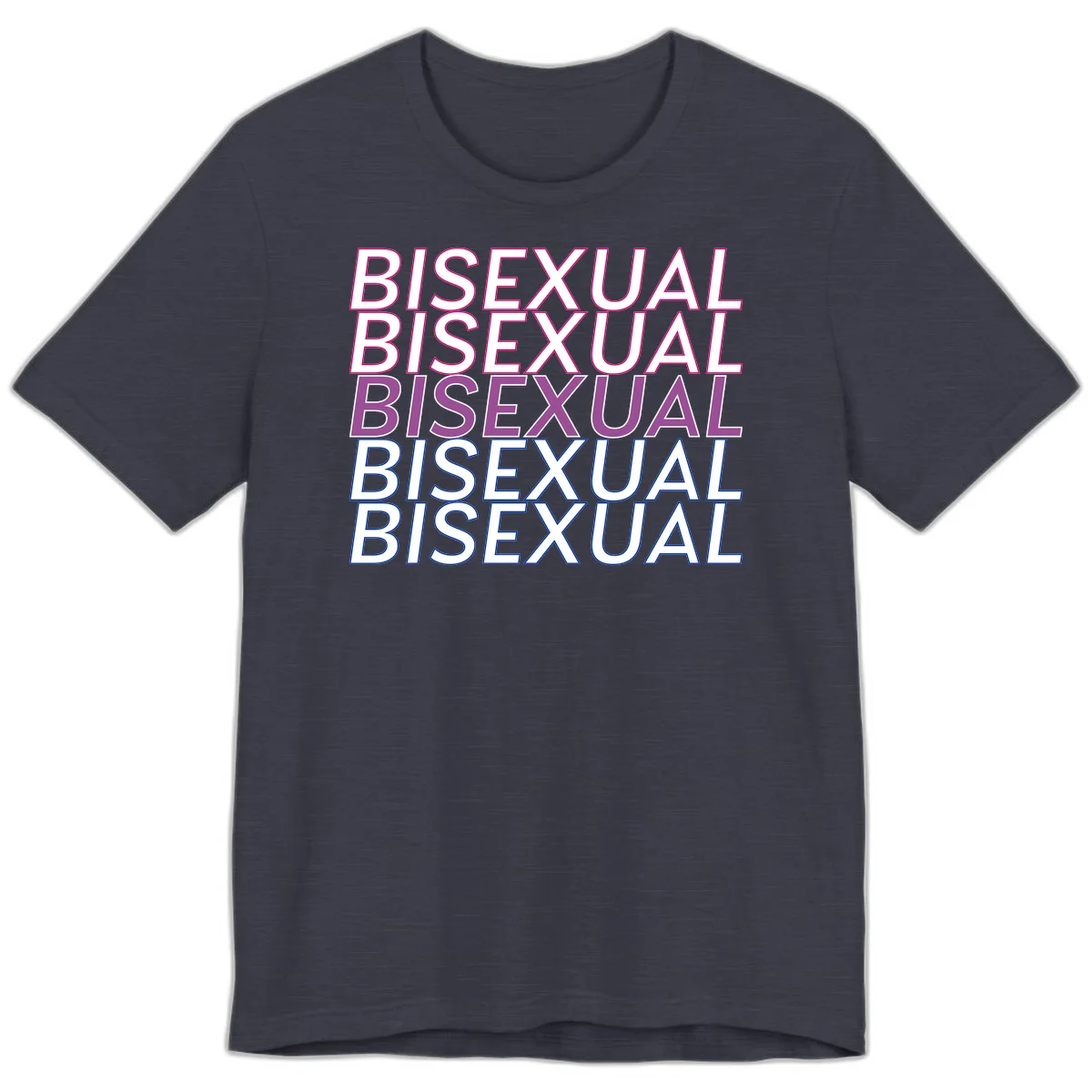 Bisexual pride flag design with the word 'BISEXUAL' repeated four times in stacked magenta, purple, and blue outlined letters in Heather Midnight Navy
