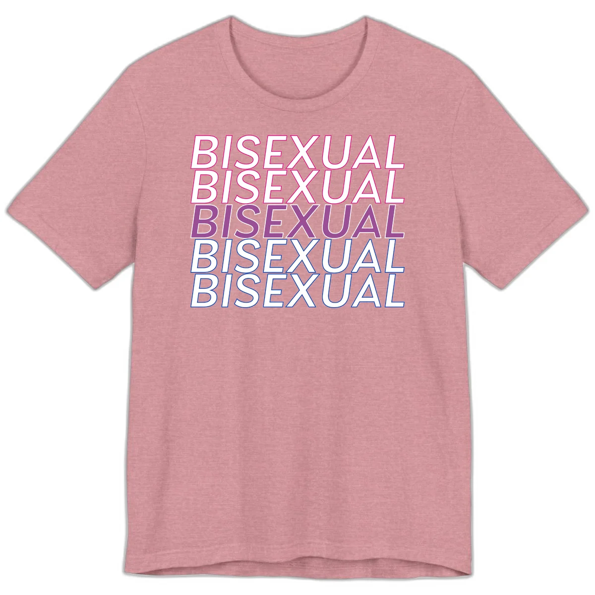Bisexual pride flag design with the word 'BISEXUAL' repeated four times in stacked magenta, purple, and blue outlined letters in Heather Orchid