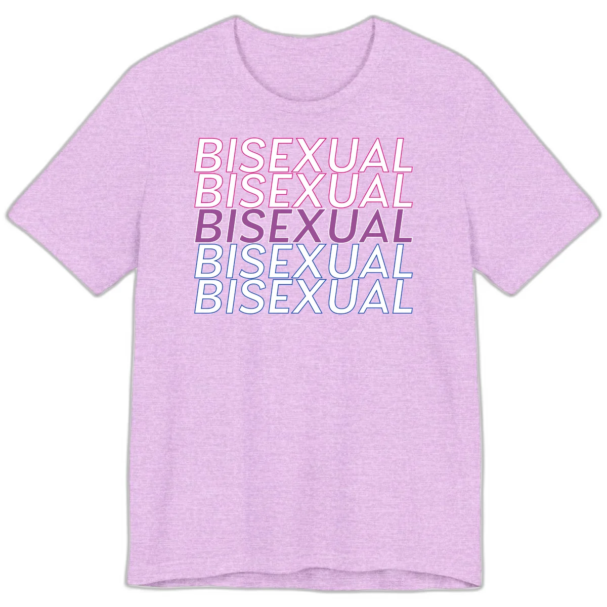 Bisexual pride flag design with the word 'BISEXUAL' repeated four times in stacked magenta, purple, and blue outlined letters in Heather Prism Lilac