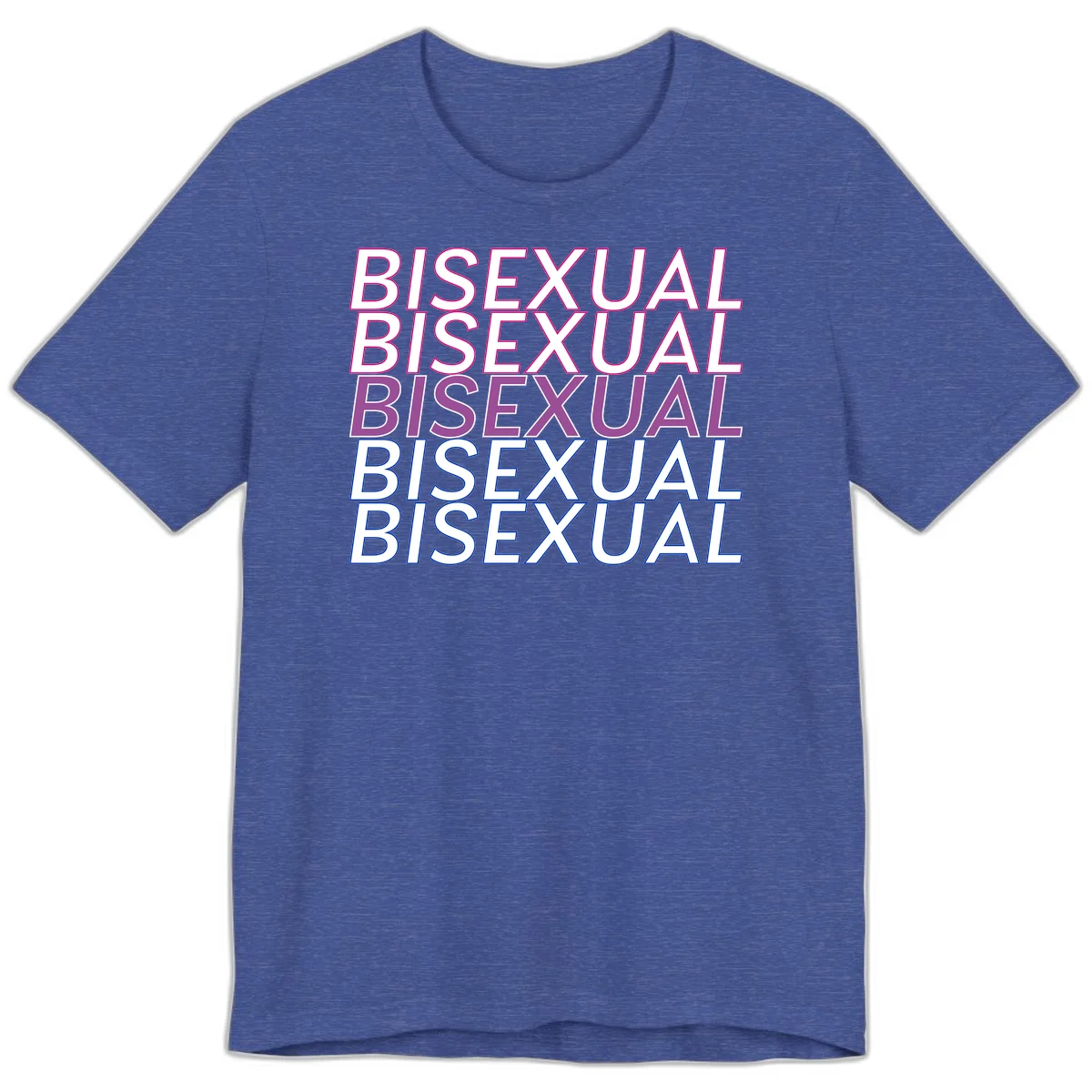 Bisexual pride flag design with the word 'BISEXUAL' repeated four times in stacked magenta, purple, and blue outlined letters in Heather True Royal