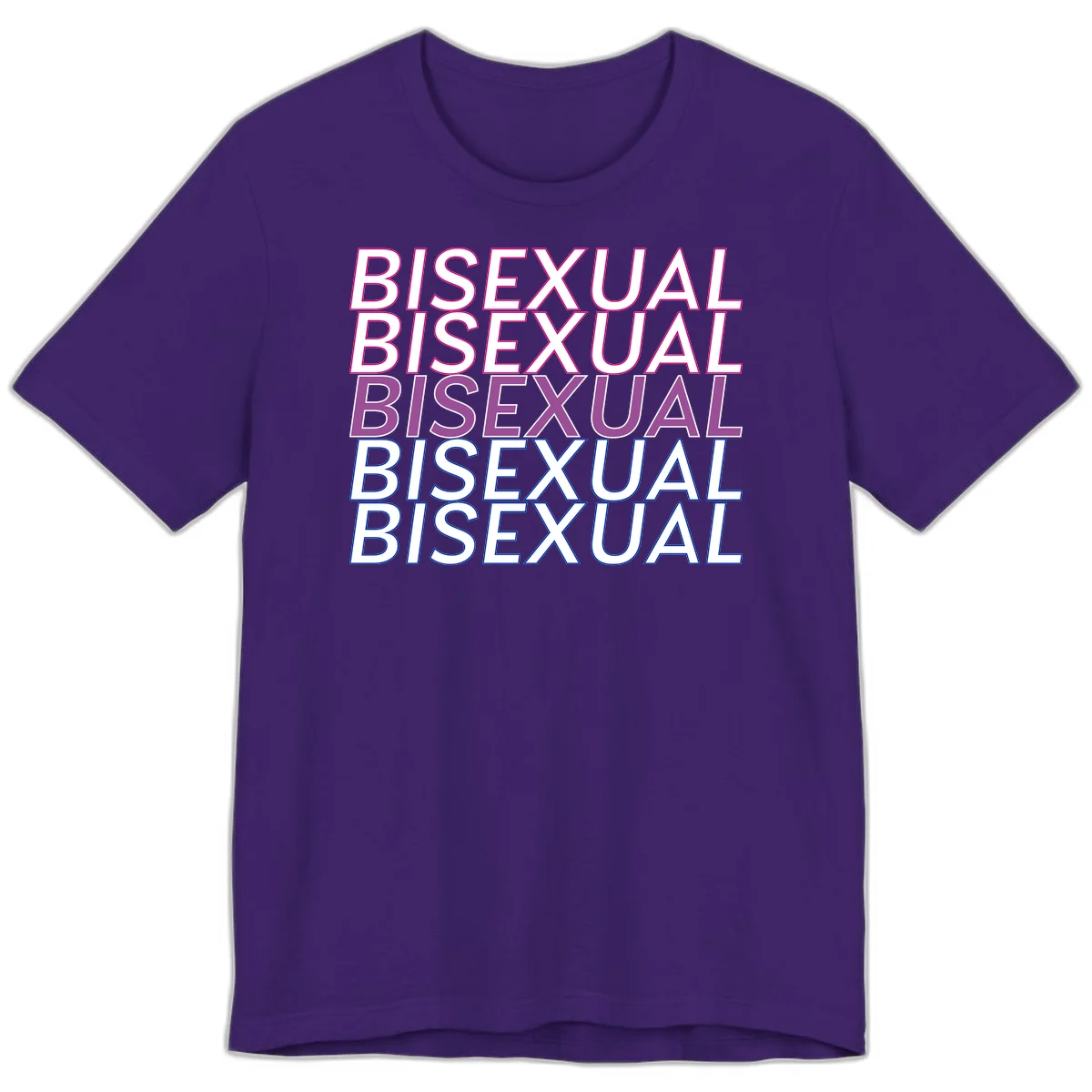 Bisexual pride flag design with the word 'BISEXUAL' repeated four times in stacked magenta, purple, and blue outlined letters in Team Purple