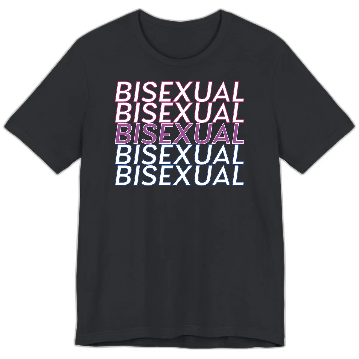Bisexual pride flag design with the word 'BISEXUAL' repeated four times in stacked magenta, purple, and blue outlined letters in Vintage Black