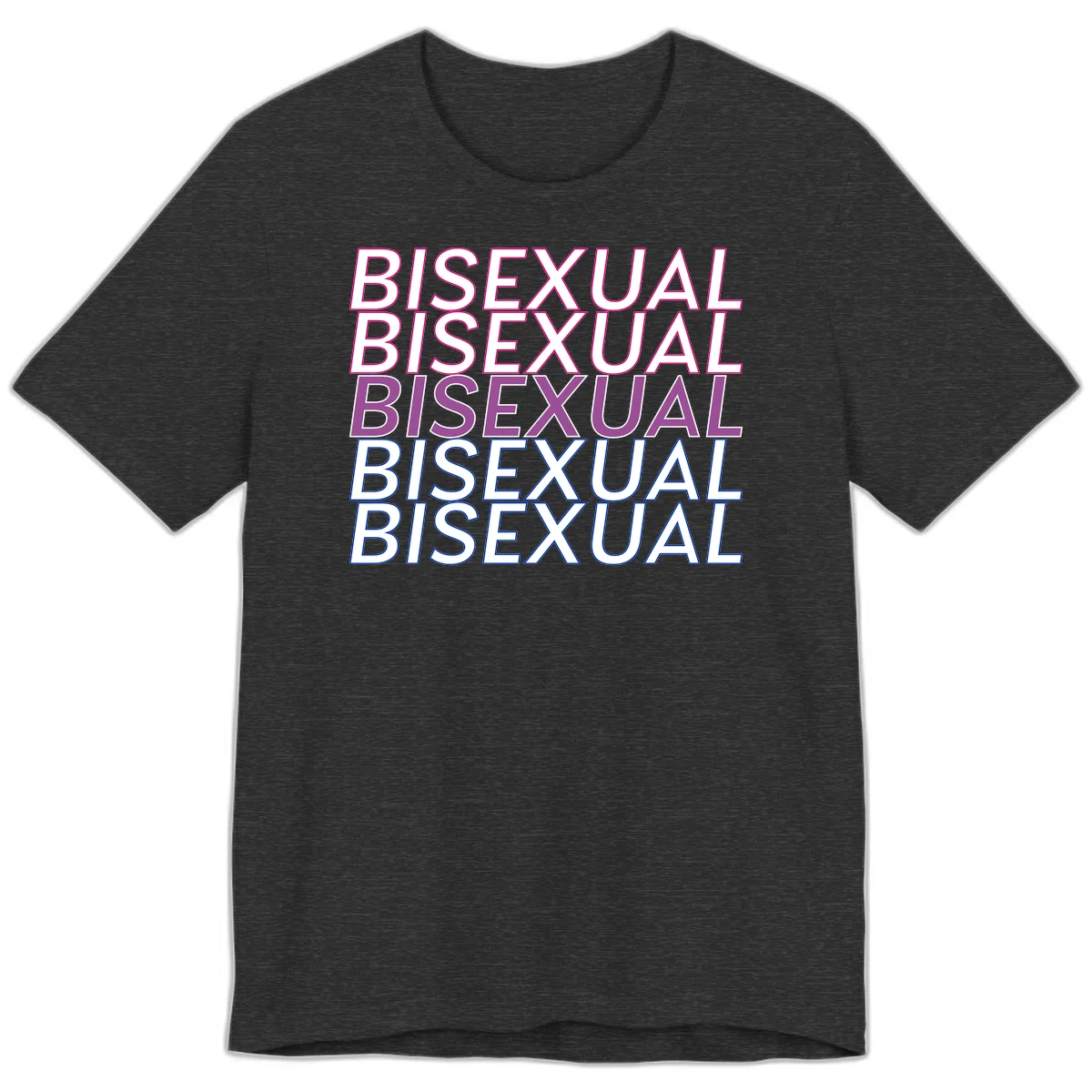 Bisexual pride flag design with the word 'BISEXUAL' repeated four times in stacked magenta, purple, and blue outlined letters in Dark Grey Heather