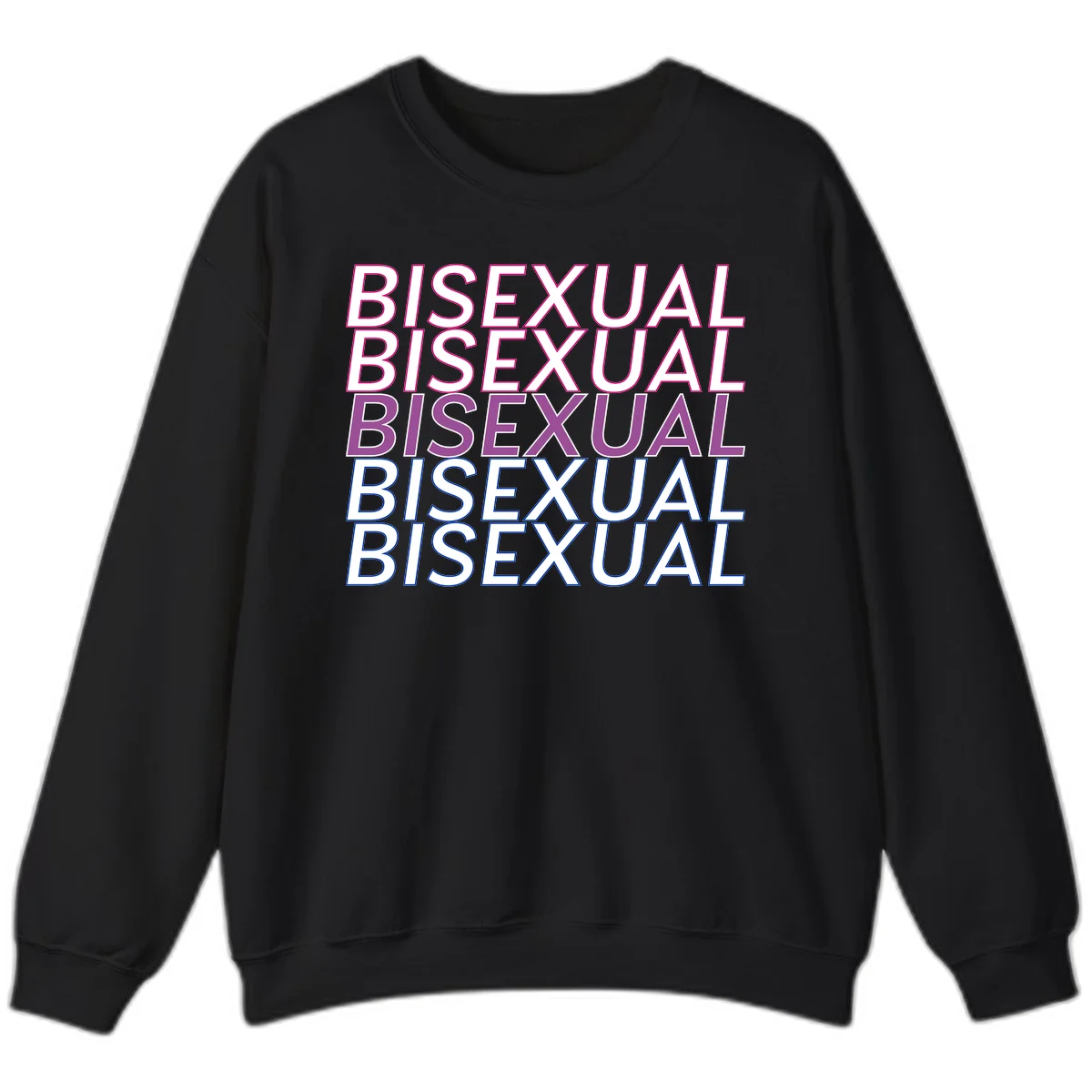 Bisexual pride flag design with the word 'BISEXUAL' repeated four times in stacked magenta, purple, and blue outlined letters in Black