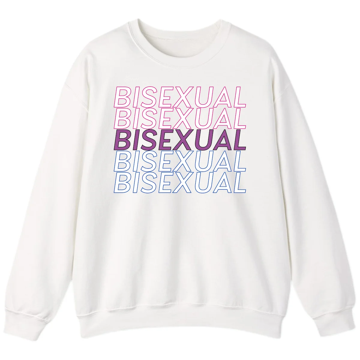 Bisexual pride flag design with the word 'BISEXUAL' repeated four times in stacked magenta, purple, and blue outlined letters in White