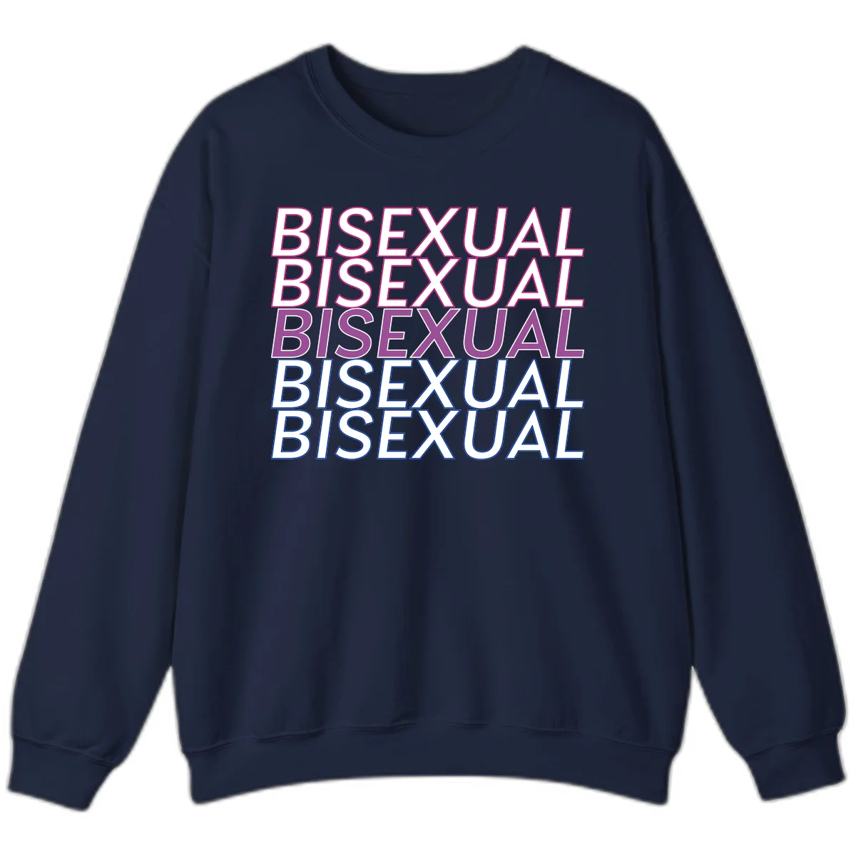 Bisexual pride flag design with the word 'BISEXUAL' repeated four times in stacked magenta, purple, and blue outlined letters in Navy