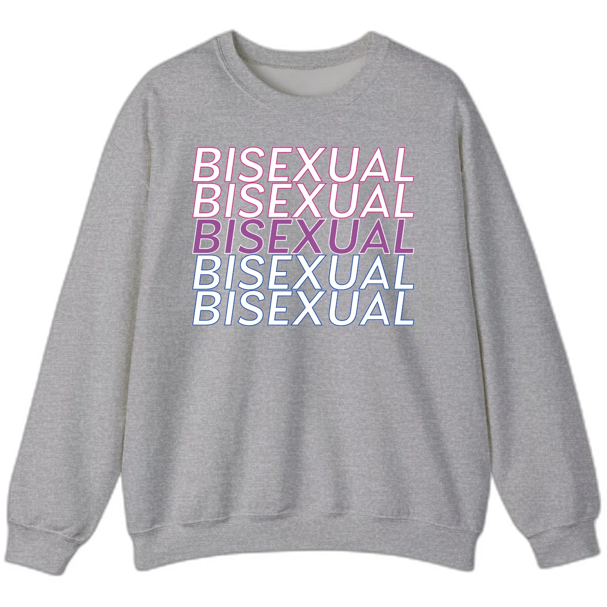 Bisexual pride flag design with the word 'BISEXUAL' repeated four times in stacked magenta, purple, and blue outlined letters in Sport Grey