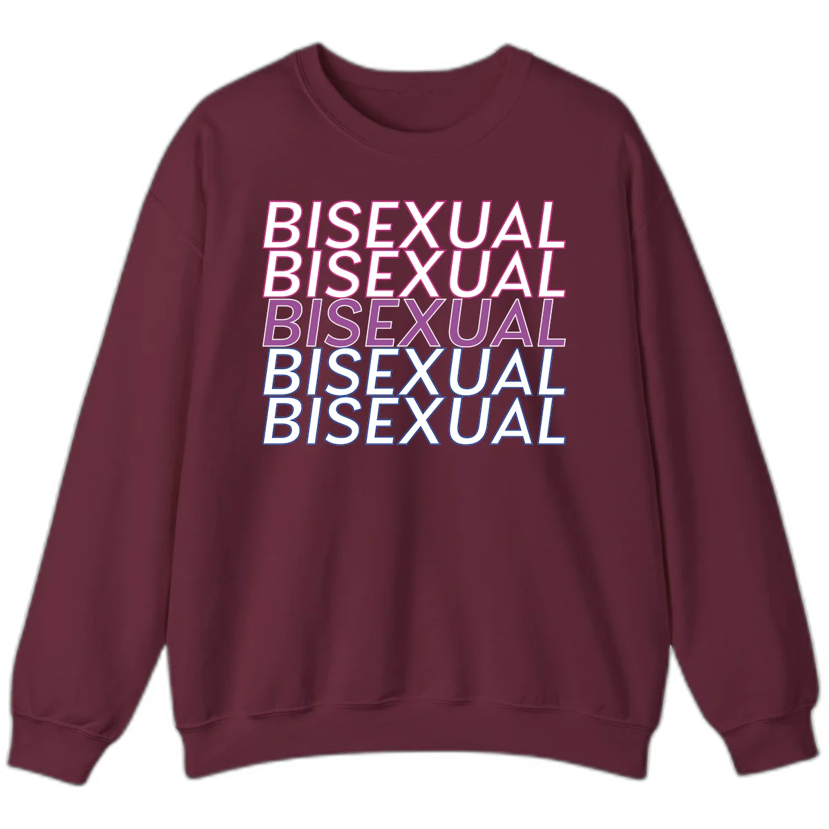 Bisexual pride flag design with the word 'BISEXUAL' repeated four times in stacked magenta, purple, and blue outlined letters in Maroon