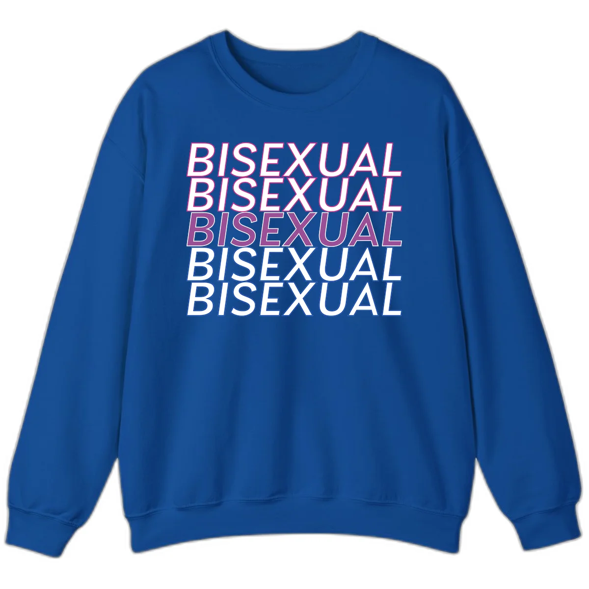 Bisexual pride flag design with the word 'BISEXUAL' repeated four times in stacked magenta, purple, and blue outlined letters in Royal