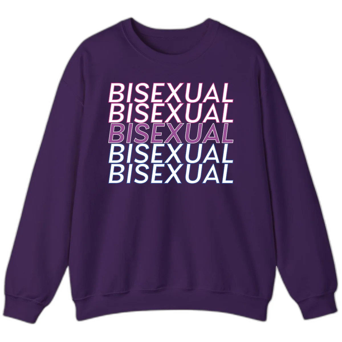 Bisexual pride flag design with the word 'BISEXUAL' repeated four times in stacked magenta, purple, and blue outlined letters in Purple