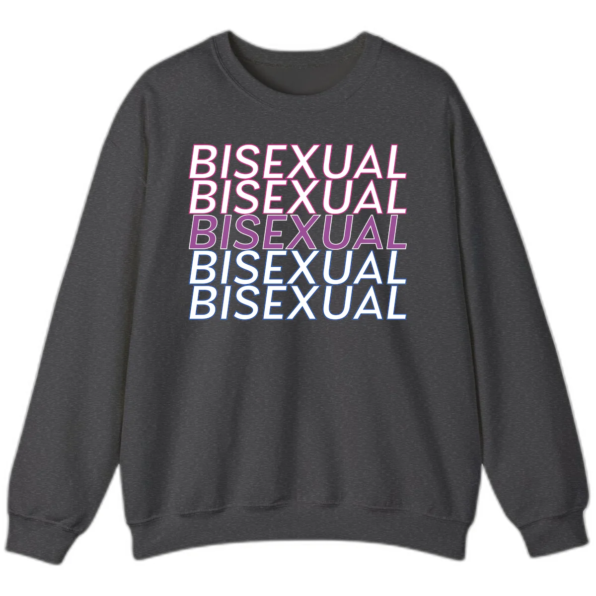 Bisexual pride flag design with the word 'BISEXUAL' repeated four times in stacked magenta, purple, and blue outlined letters in Dark Heather
