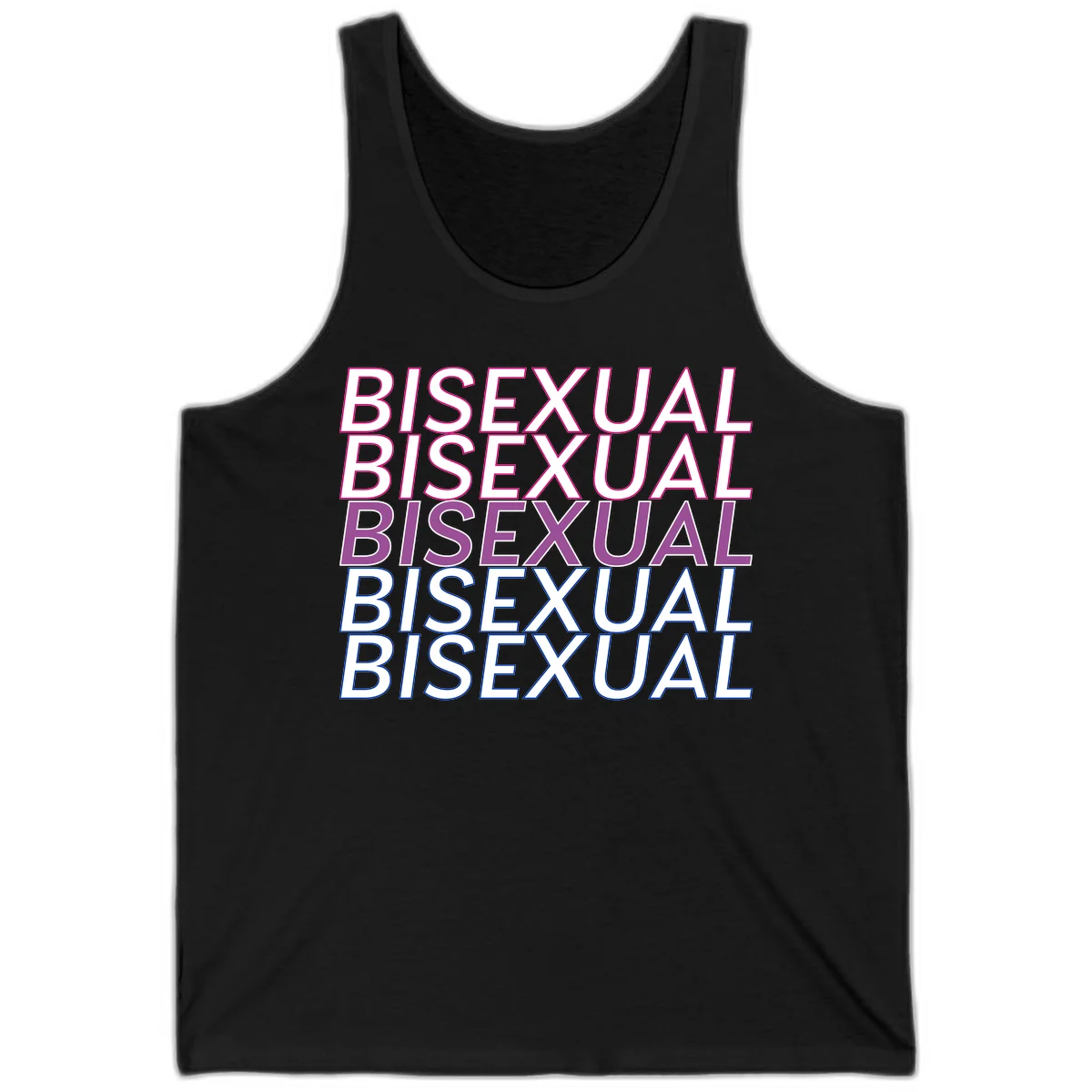 Bisexual pride flag design with the word 'BISEXUAL' repeated four times in stacked magenta, purple, and blue outlined letters in Black