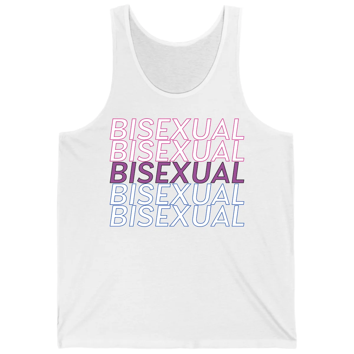 Bisexual pride flag design with the word 'BISEXUAL' repeated four times in stacked magenta, purple, and blue outlined letters in White