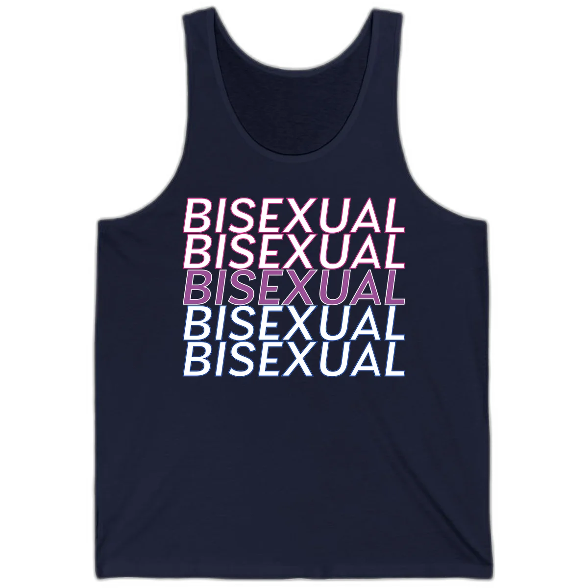 Bisexual pride flag design with the word 'BISEXUAL' repeated four times in stacked magenta, purple, and blue outlined letters in Navy